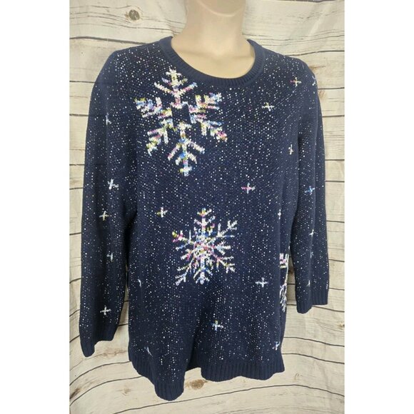 J Jill Intarsia Snowflake Blue Multi Color Marled Sweater Pullover 2X Cotton - Picture 2 of 7